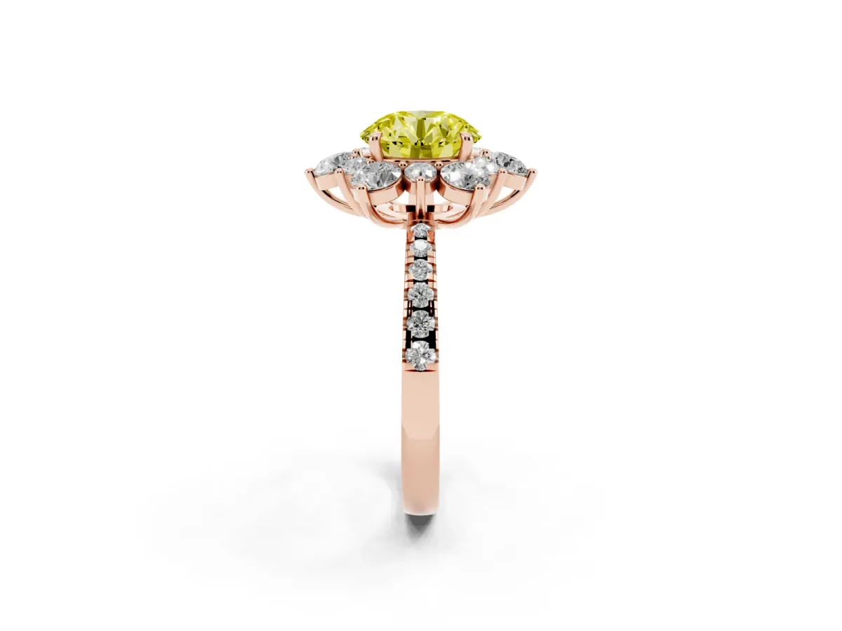 Fancy Yellow Round Cut Diamond Floral Halo Ring with Round Pavé Band and Prong Setting Rose gold
