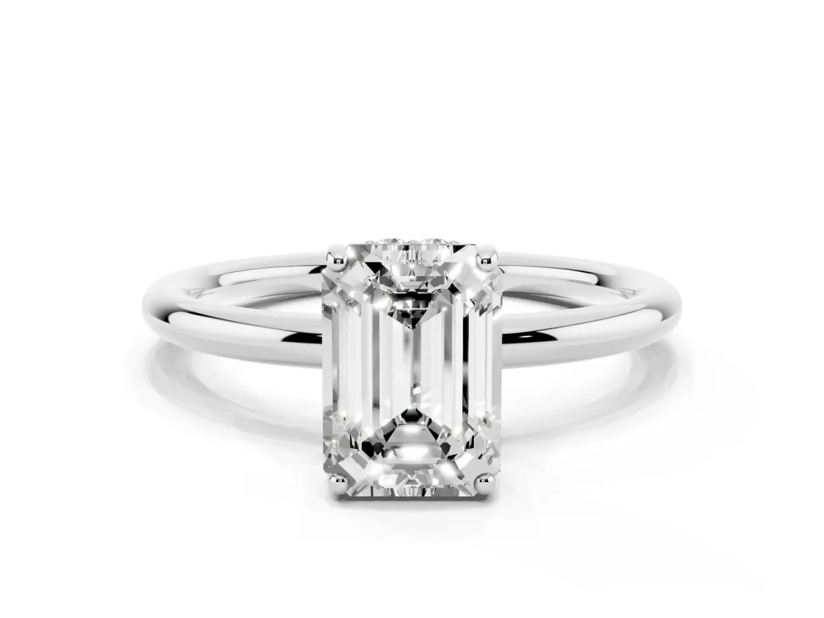 Emerald Cut Solitaire Diamond Ring with a Classic Band and Four-Prong Setting Silver