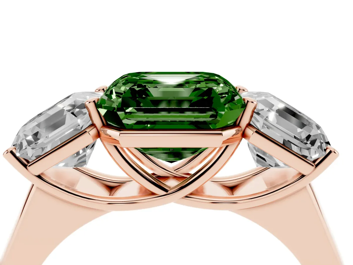 Fancy Green Asscher Cut Three-Stone Diamond Ring with Prong Setting on a Classic Band Rose gold