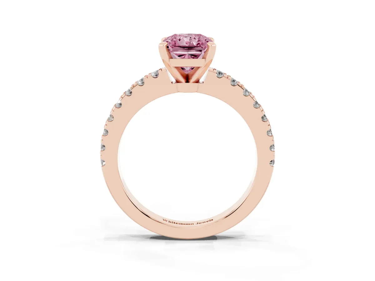 Fancy Pink Radiant Cut Solitaire Diamond with Pavé Band and Four-Prong Setting Rose gold