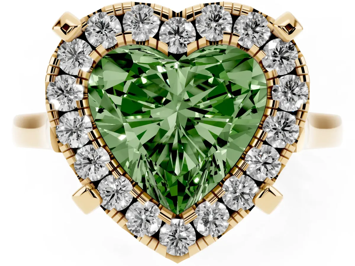 Fancy Green Heart Cut Diamond Cluster Halo Solitaire with Four-Prong Setting Yellow gold