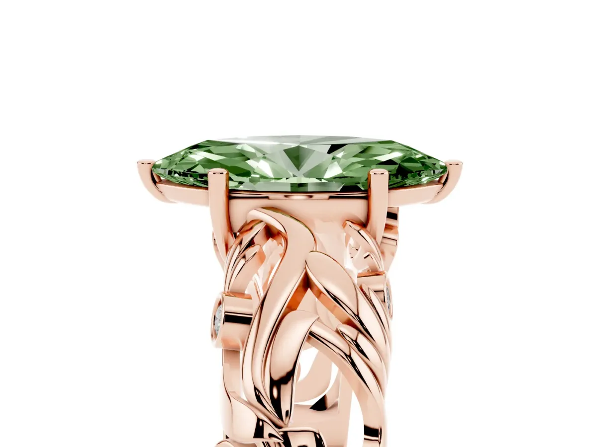 Fancy Green Marquise Cut Solitaire Diamond Leaf-Inspired Vine Band Ring with Prong Setting Rose gold
