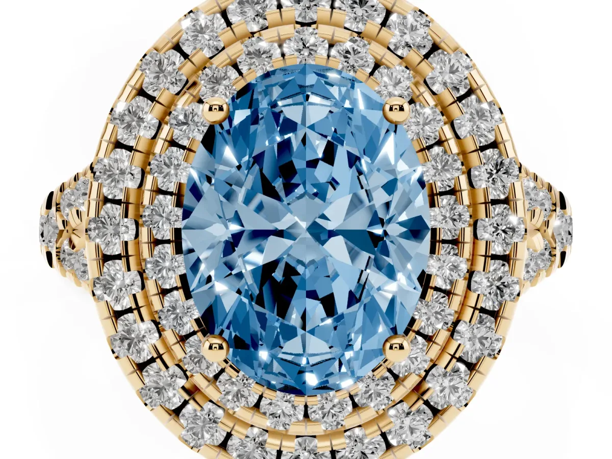 Fancy Blue Double Halo Oval Cut Diamond Pavé Split Shank Ring with Prong Setting Yellow gold