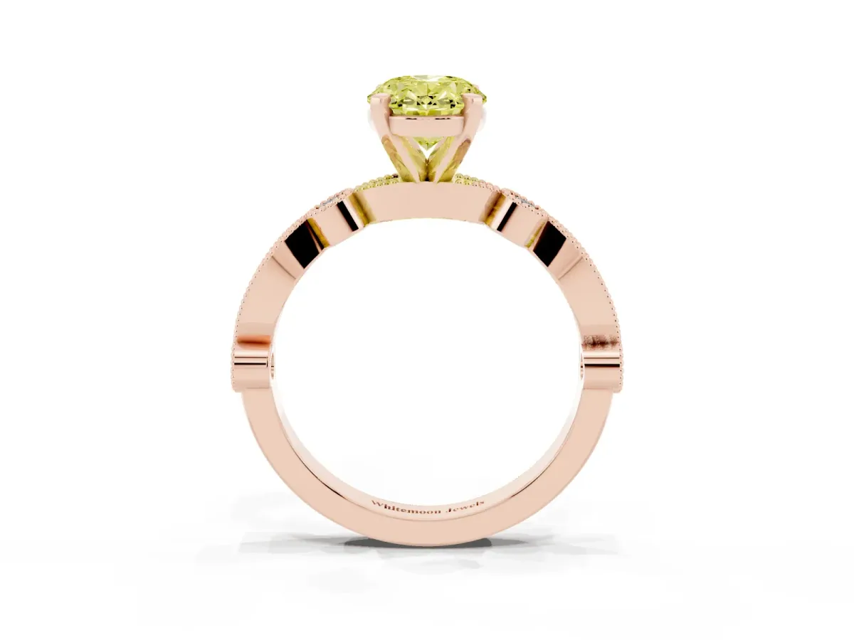 Fancy Yellow Oval Cut Milgrain Bezel Diamond Engagement Ring with Solitaire Prong Setting Rose gold