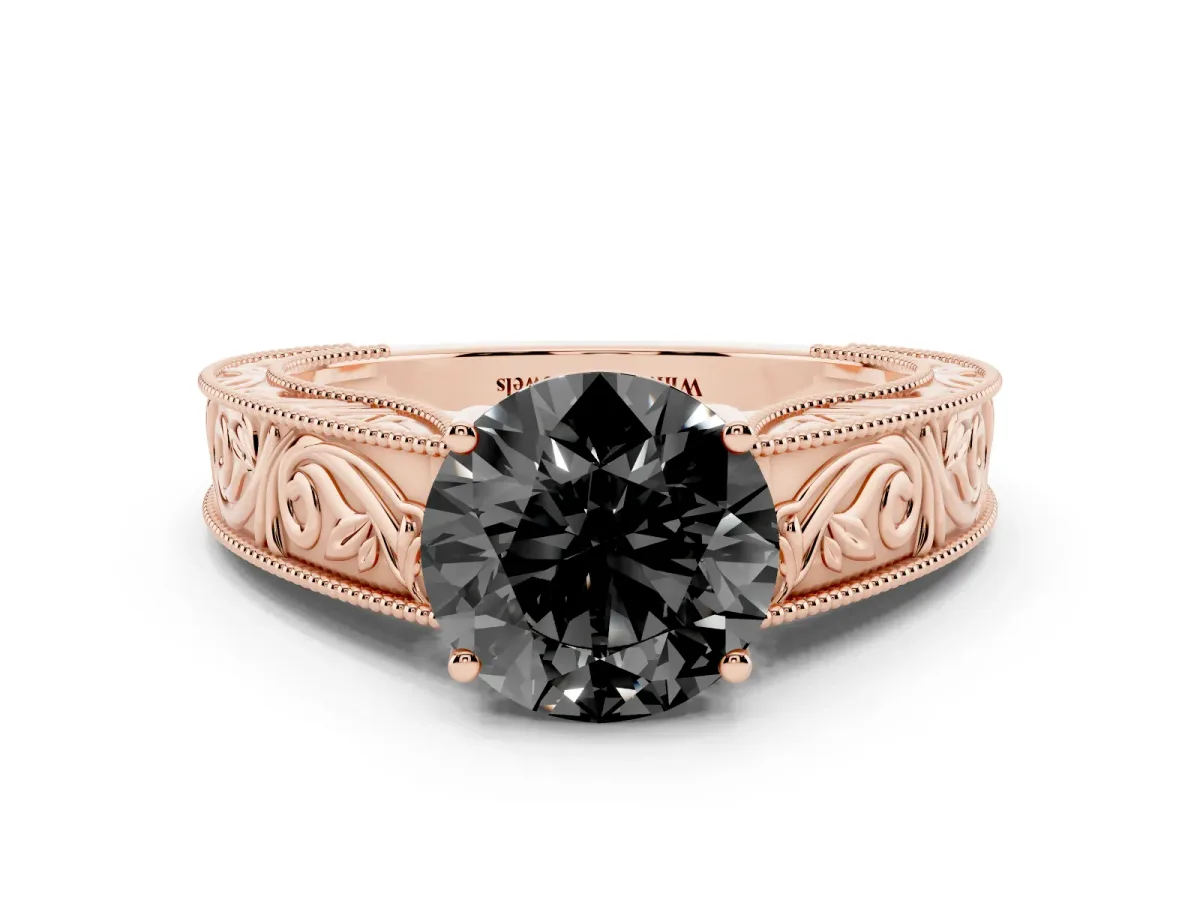 Fancy Black Round Cut Diamond Solitaire Ring with Engraved Band and Four-Prong Setting Rose gold