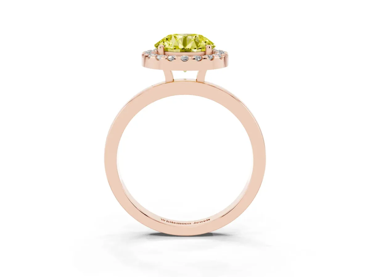 Fancy Yellow Round Cut Halo Diamond Solitaire with Pavé Band and Four-Prong Setting Rose gold