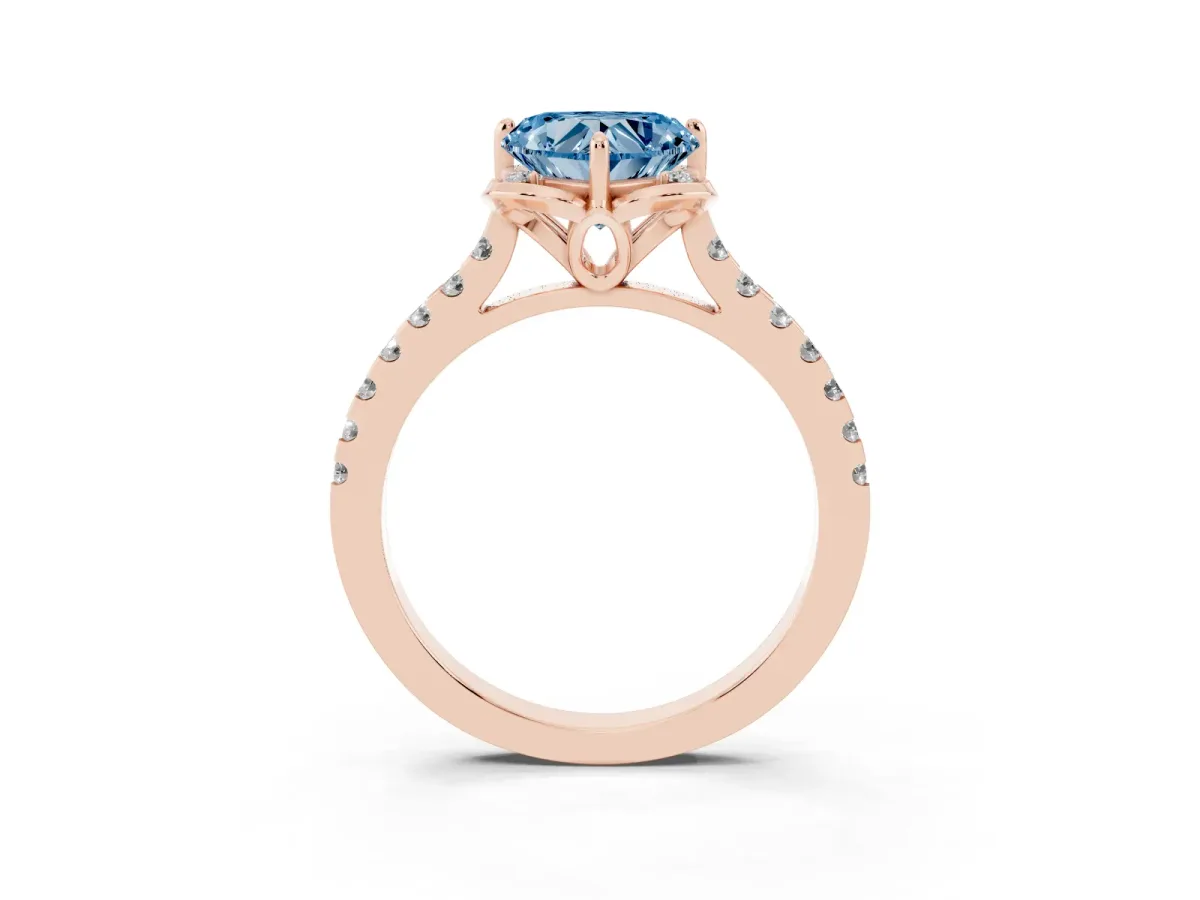 Fancy Blue Heart Cut Diamond Ring with Pavé Band and Floral Prong Setting Rose gold