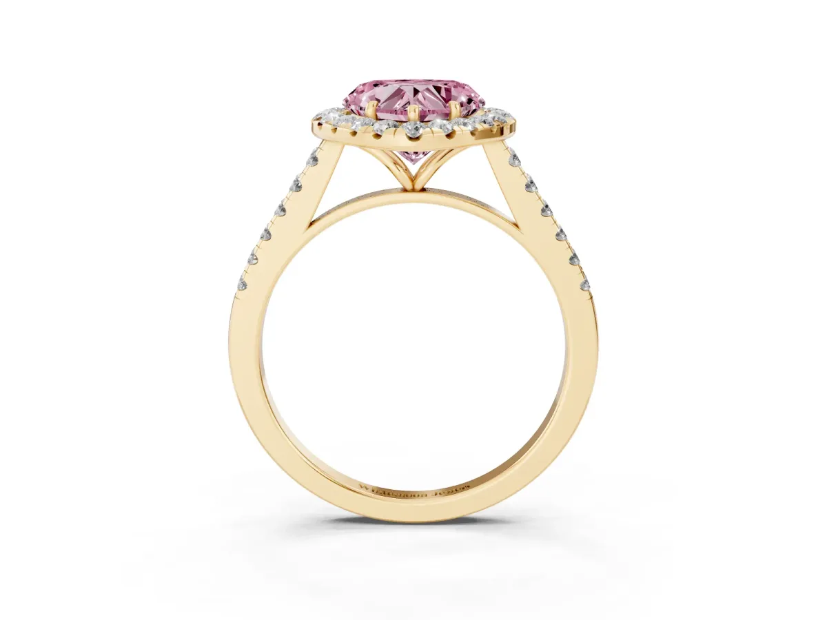 Fancy Pink Heart Cut Halo Pave Diamond Engagement Ring with Four-Prong Setting Yellow gold