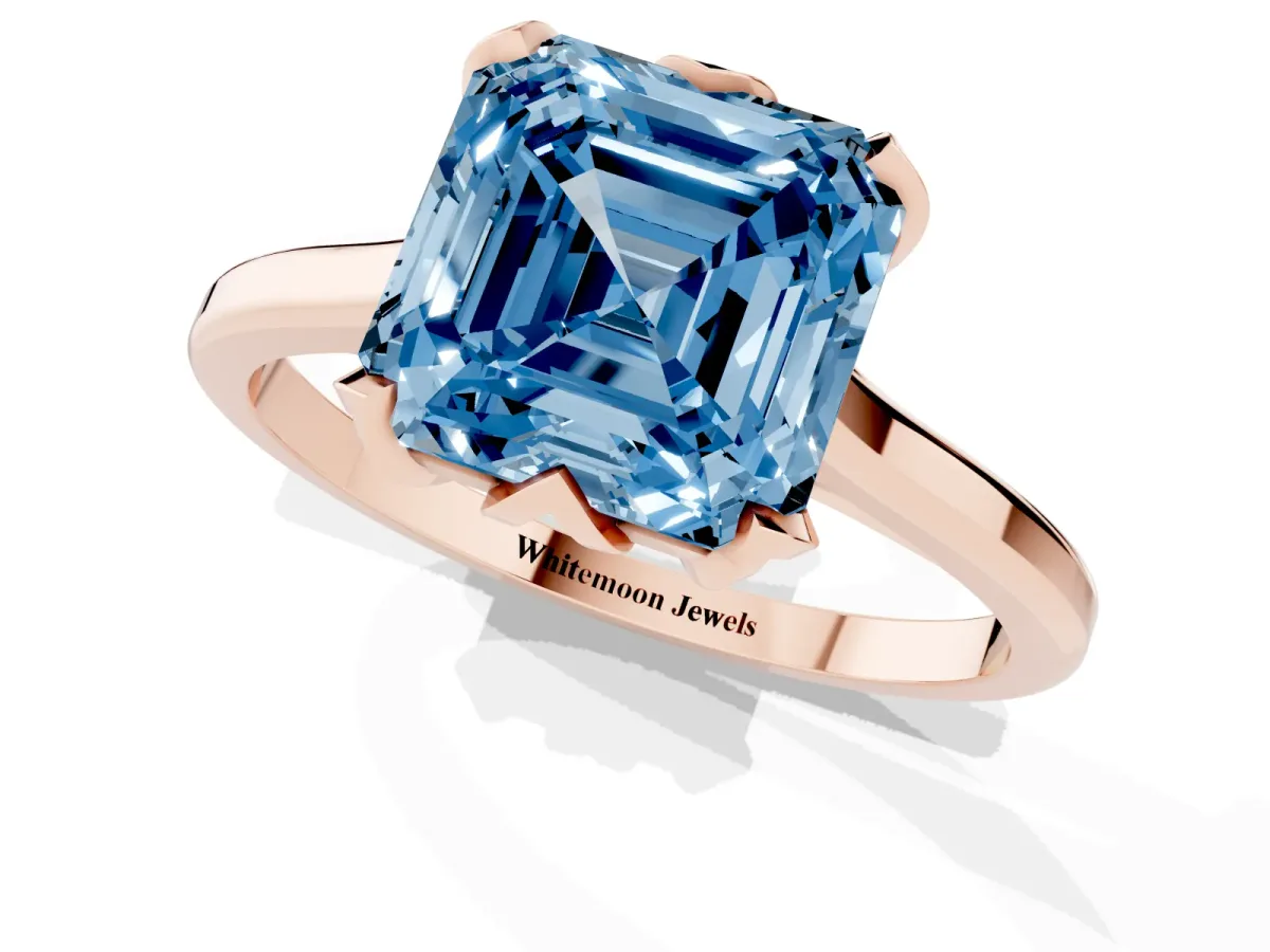 Fancy Blue Asscher Cut Diamond Solitaire Ring with Flower Prong Setting and Classic Band Rose gold
