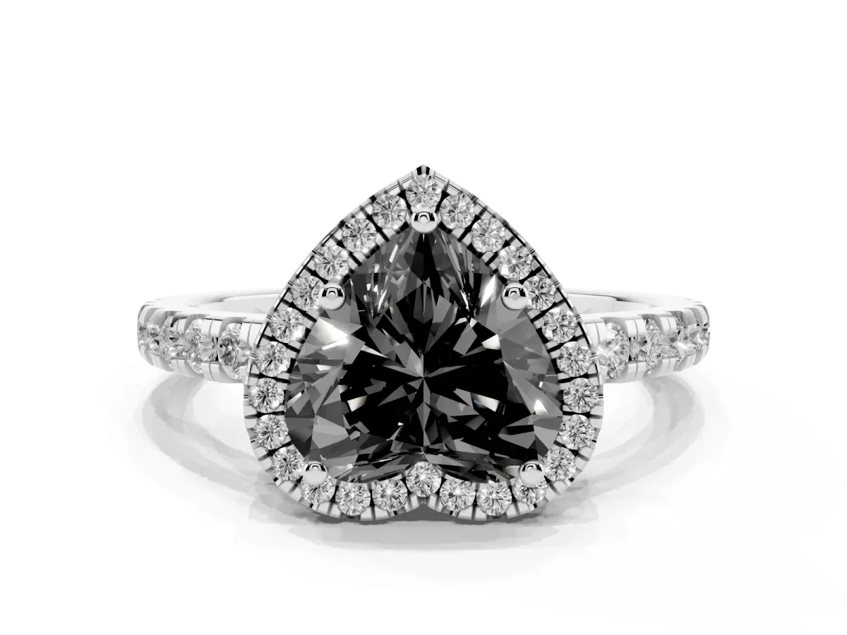 Fancy Black Heart Cut Diamond Halo Ring with Pavé Band and Four-Prong Setting White gold
