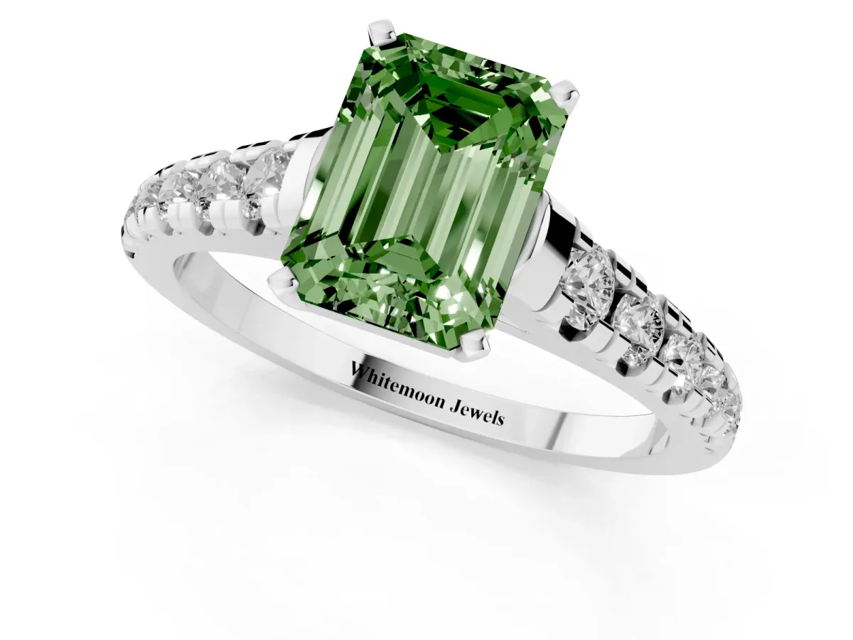 Fancy Green Emerald Cut Diamond Cathedral Solitaire Ring with Round Pavé Band Platinum