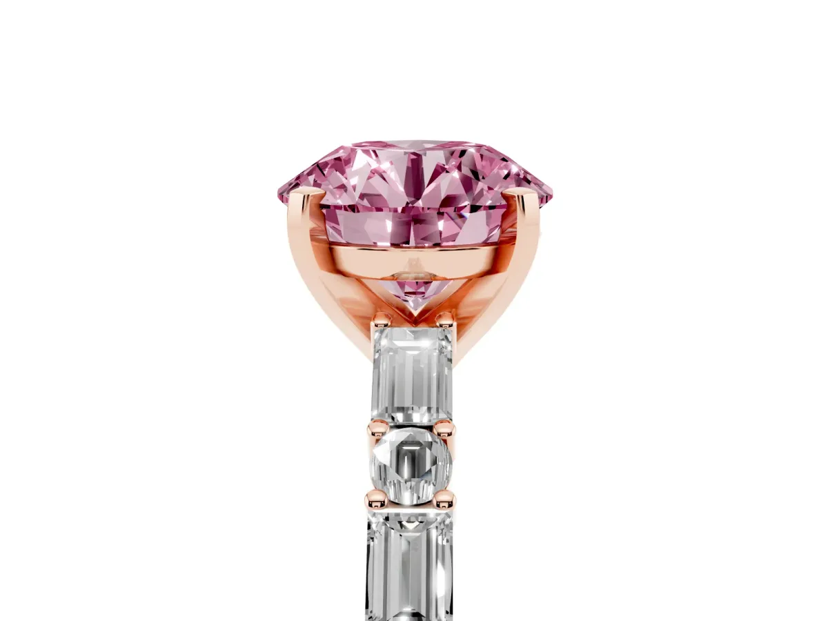 Fancy Pink Round Cut Diamond Solitaire with Side Baguettes and Channel Set Band Rose gold