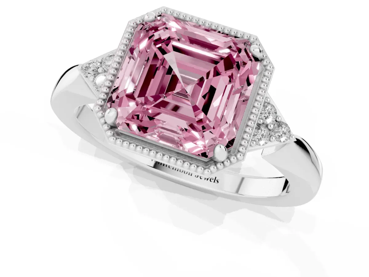 Fancy Pink Asscher Cut Diamond Halo Ring with Tapered Band and Four-Prong Setting Platinum