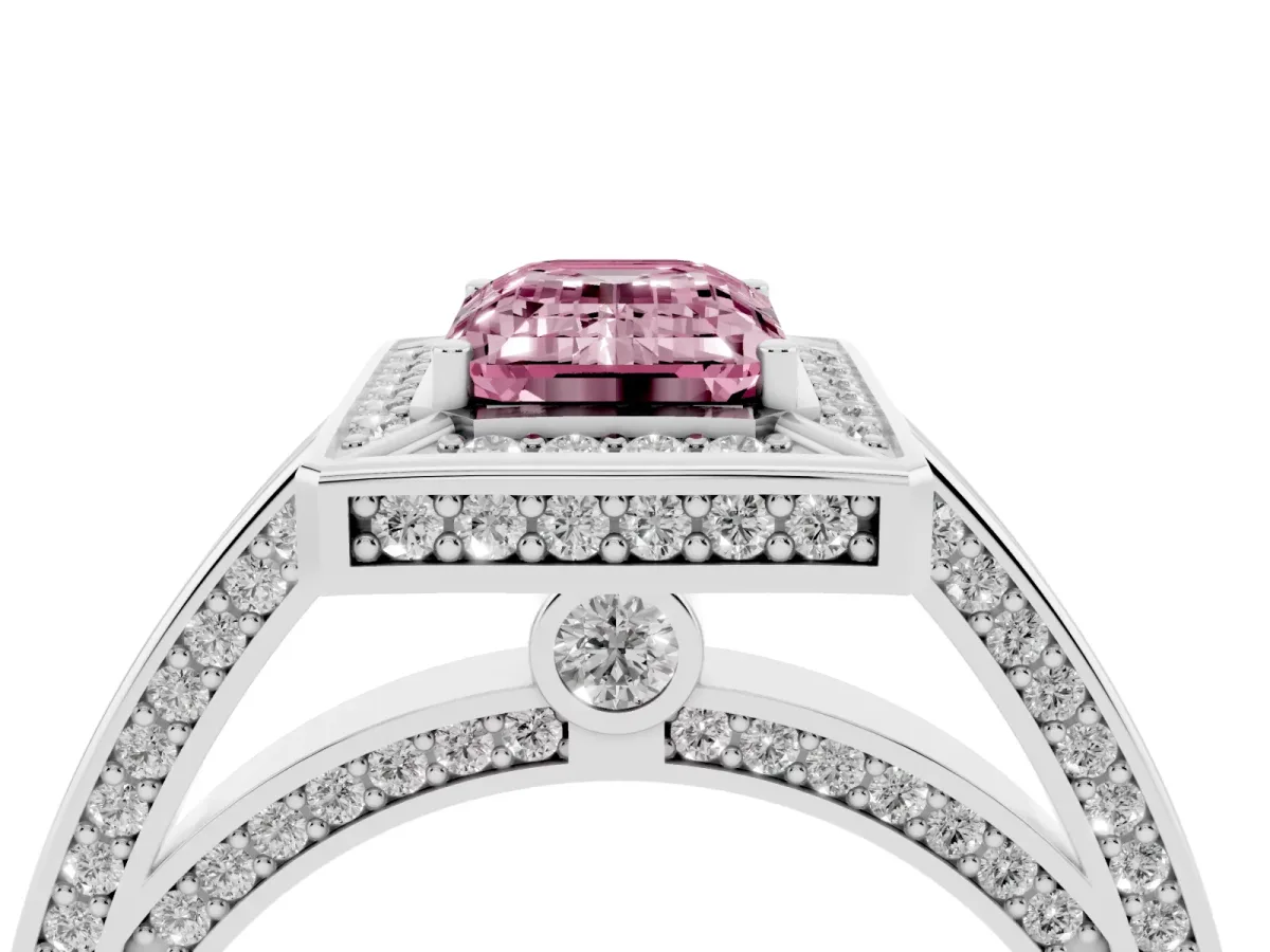 Fancy Pink Emerald Cut Cut Halo Pave Split Shank Prong Setting Ring Silver