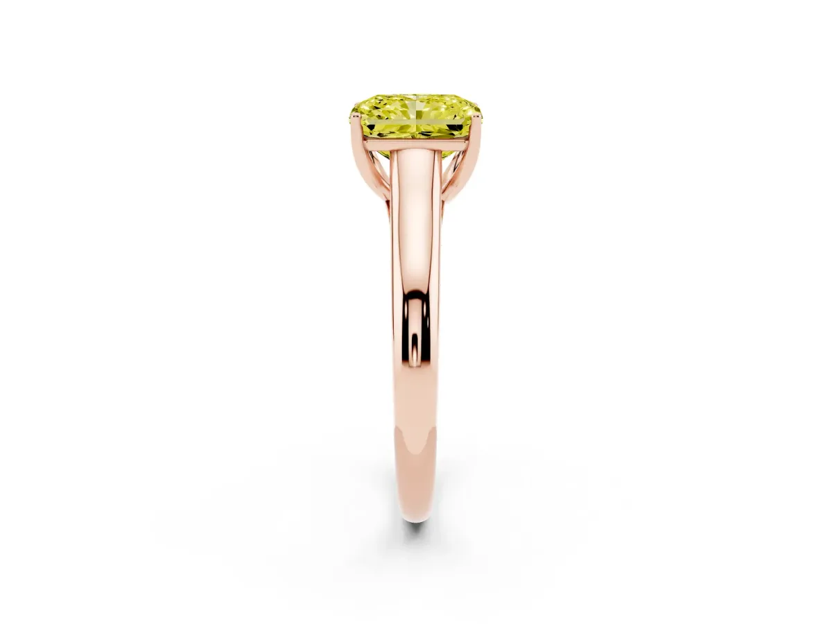 Fancy Yellow Radiant Cut Solitaire Engagement Ring with Tapered Band and Four-Prong Setting Rose gold