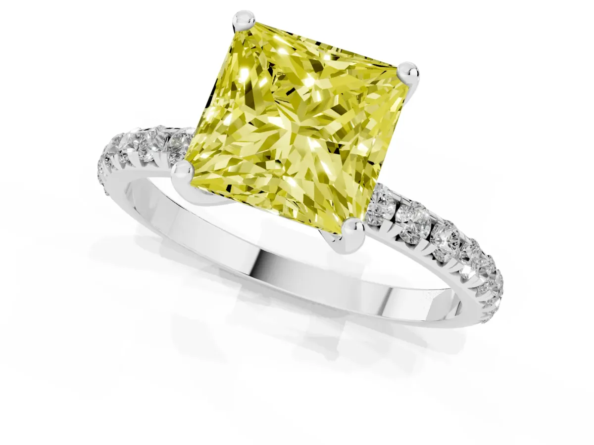 Fancy Yellow Princess Cut Cut Diamond Solitaire Ring with Micro Pave Band and Four Prong Setting Silver