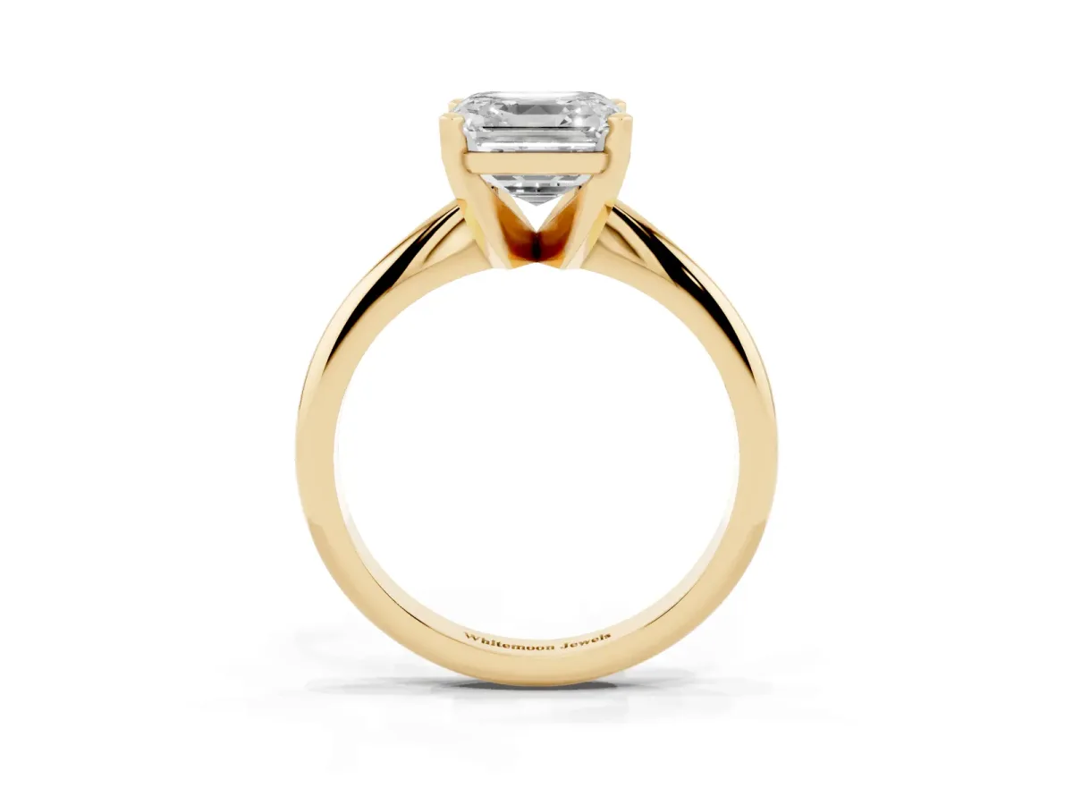 Asscher Cut Cut Solitaire Ring with Four-Prong Setting on a Classic Band Yellow gold