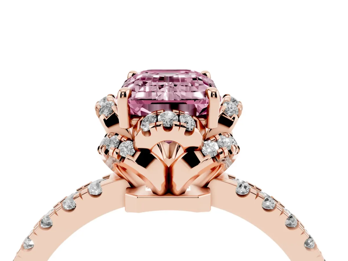Fancy Pink Emerald Cut Halo Diamond Pave Band Ring with Four-Prong Setting Rose gold
