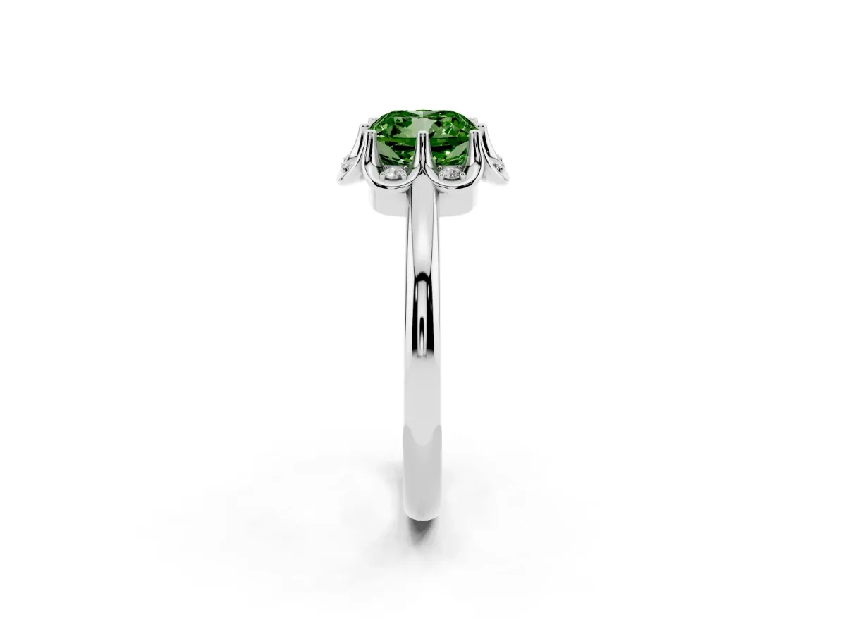 Fancy Green Cushion Cut Halo Diamond Ring with Round Cluster Setting, Solitaire Band, and Four-Prong Setting Silver