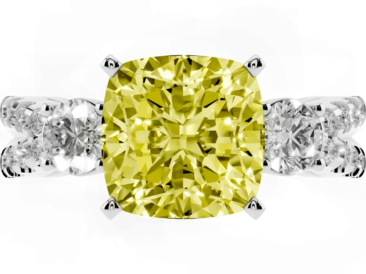 Fancy Yellow Cushion Cut Diamond Three-Stone Ring with Pavé Split Shank and Four-Prong Setting Platinum