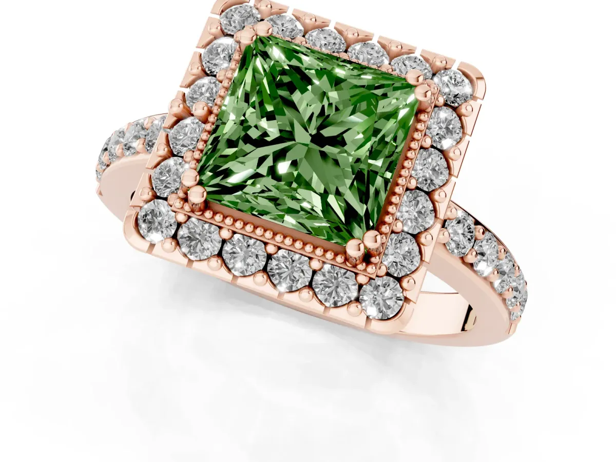 Fancy Green Princess Cut Diamond Halo Ring with Pavé Band and Prong Setting Rose gold