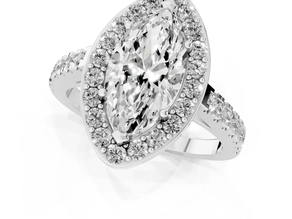 Marquise Cut Diamond Halo Ring with Round Pavé Split Shank and Prong Setting Silver