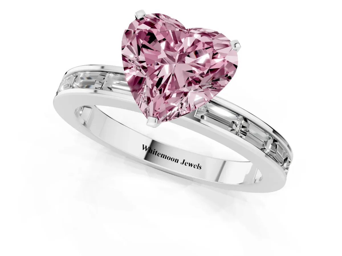 Fancy Pink Heart Cut Solitaire Diamond Ring with Channel-Set Baguette Band and Four-Prong Setting Platinum