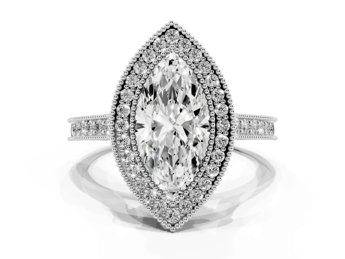 Halo Marquise Cut-Cut Diamond Pave Band Milgrain Prong Setting Ring Silver
