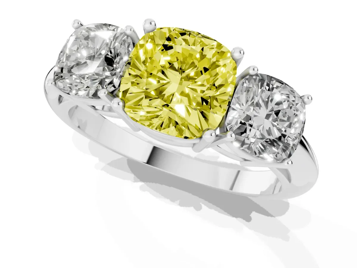 Fancy Yellow Three-Stone Cushion Cut Cut Diamond Engagement Ring with Prong Setting on a White Gold Band White gold