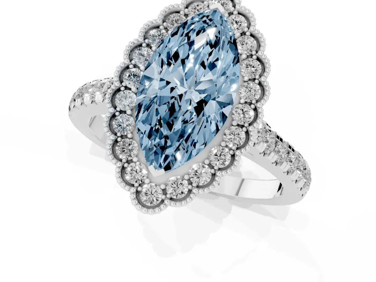 Fancy Blue Marquise Cut Cut Diamond Milgrain Floral Halo Engagement Ring with Pavé Band White gold