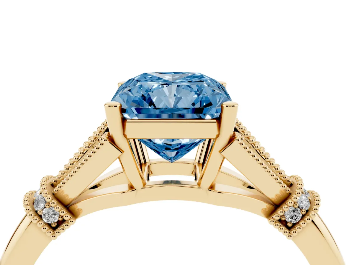 Fancy Blue Radiant Cut Diamond Solitaire Ring with Floral Filigree and Pave Accents Yellow gold