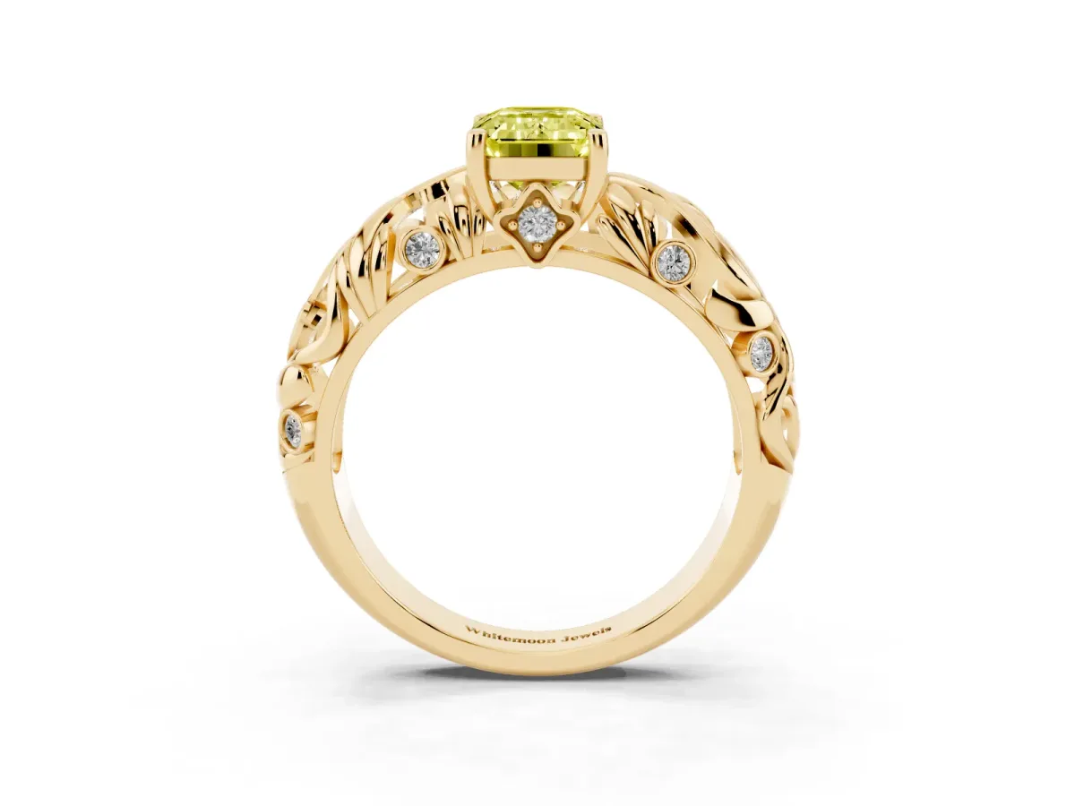 Fancy Yellow Emerald Cut Solitaire Diamond Leaf-Inspired Vine Band Ring with Prong Setting Yellow gold