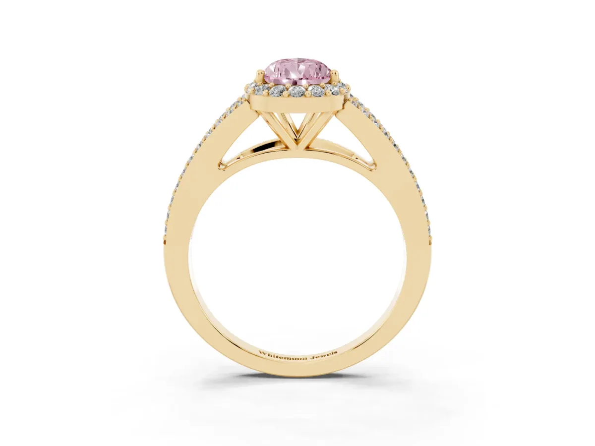 Fancy Pink Pear Cut Halo Split Shank Pave Diamond Ring with Four-Prong Setting Yellow gold