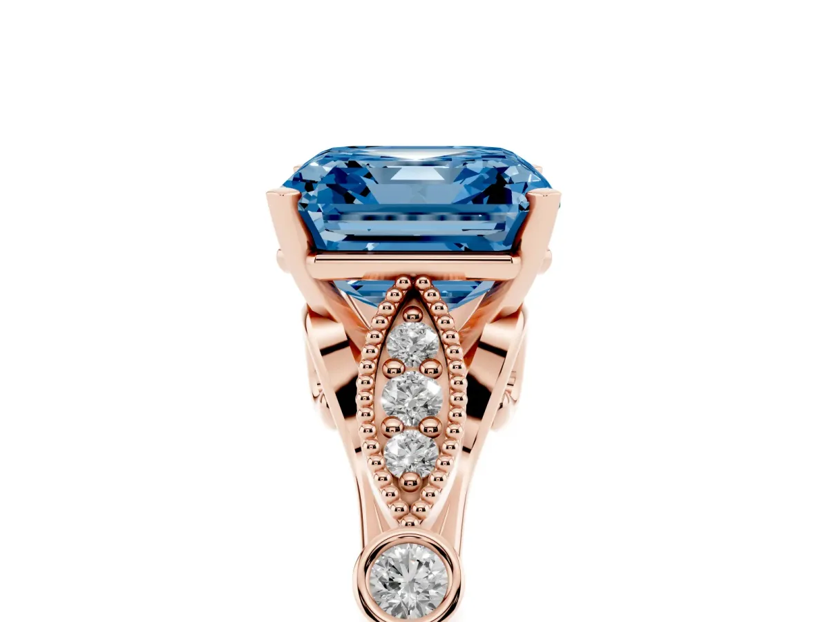 Fancy Blue Asscher Cut Cut Diamond with Milgrain Marquise and Bezel Accents on a Solitaire Band with Prong Setting Rose gold