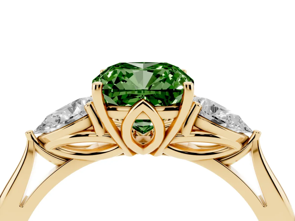 Fancy Green Three-Stone Cushion Cut Diamond Ring with Pear Side Stones in Four-Prong Setting Yellow gold