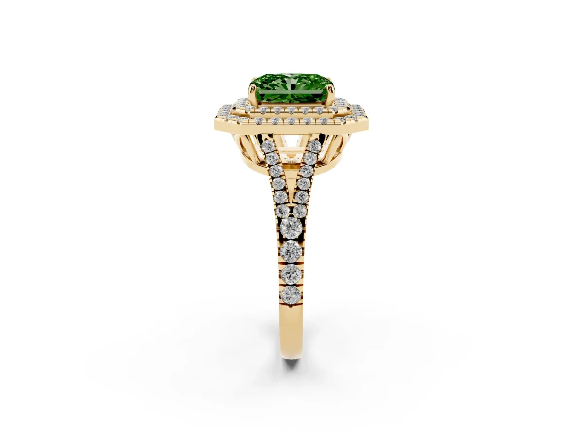 Fancy Green Radiant Cut Diamond Double Halo Ring with Pavé Band and Prong Setting Yellow gold