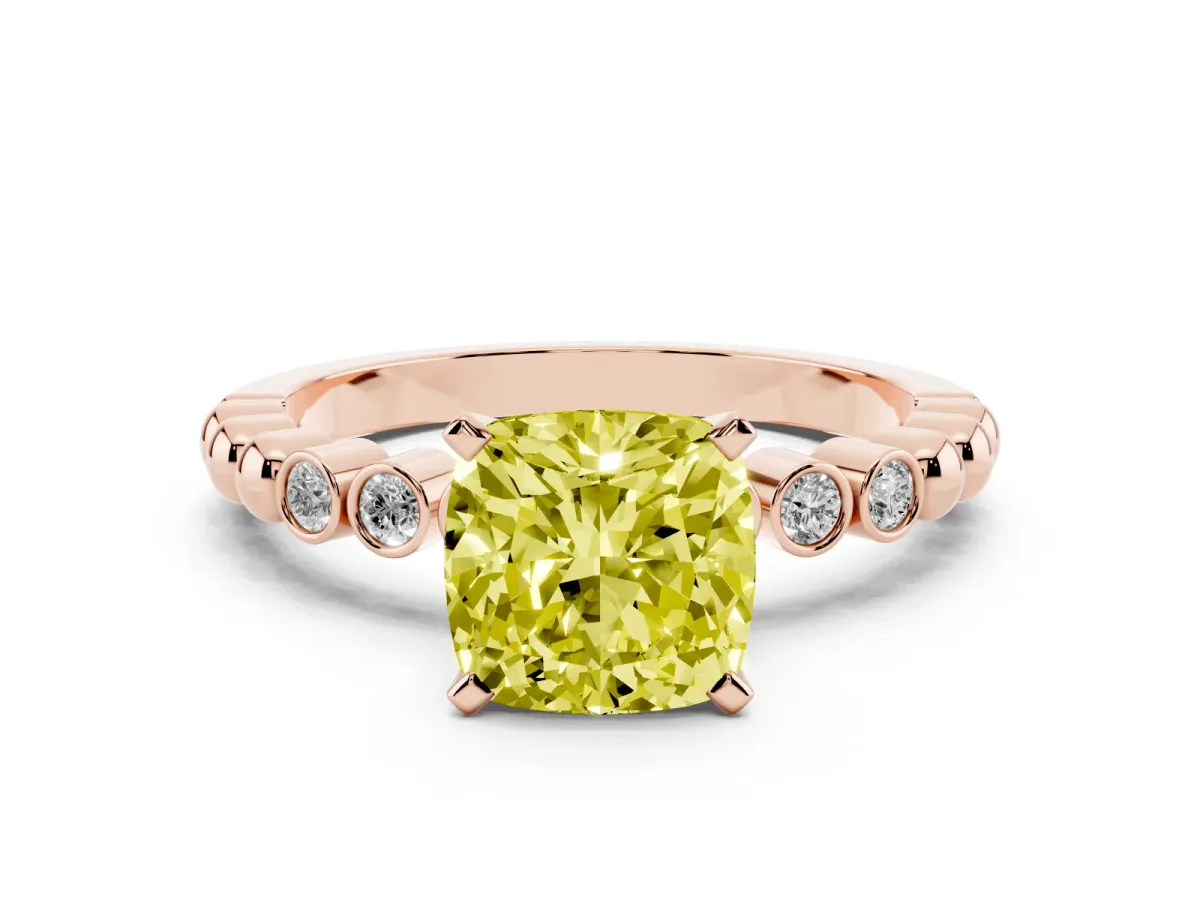 Fancy Yellow Cushion Cut Solitaire Bezel Accent Diamond Engagement Ring with Beaded Band and Four-Prong Setting Rose gold