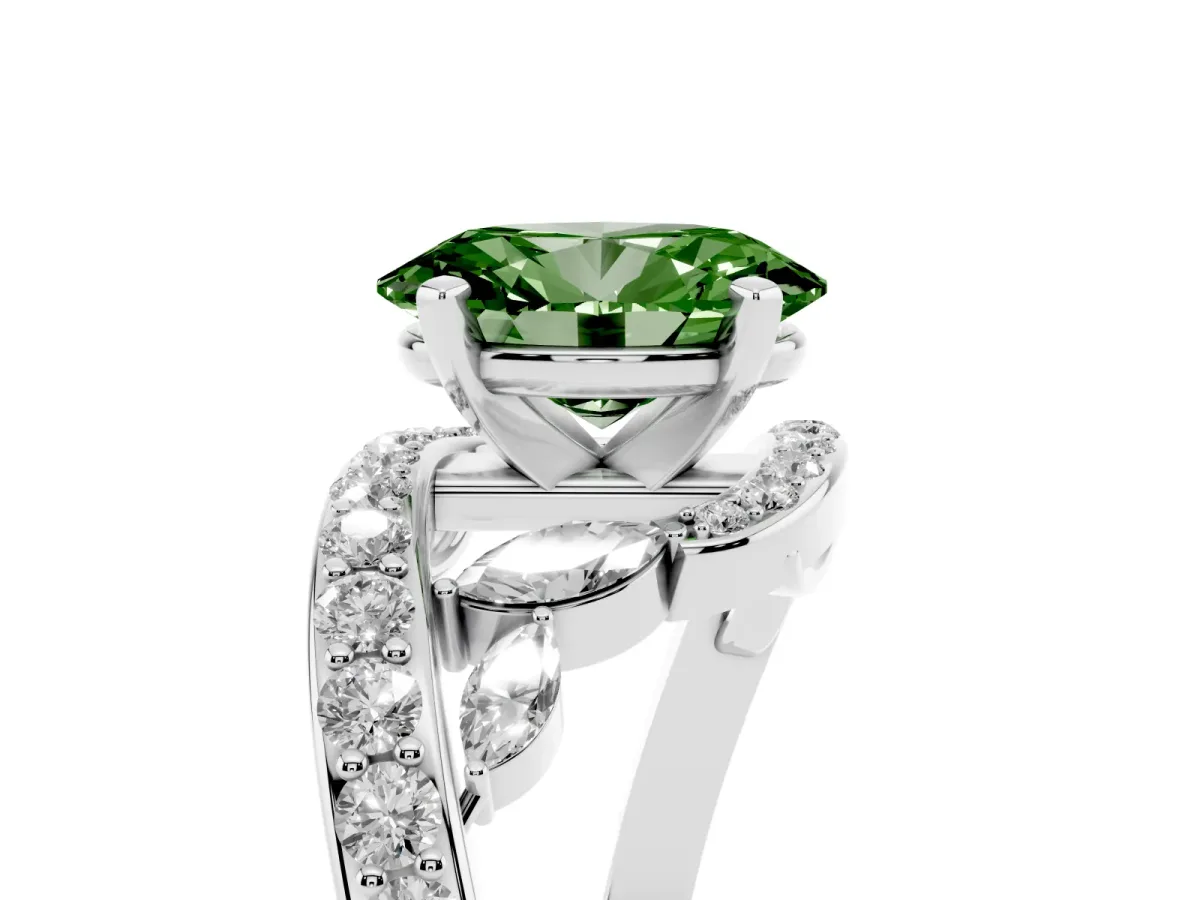 Fancy Green Oval Cut Solitaire with Pavé Twist Band and Four-Prong Setting Silver