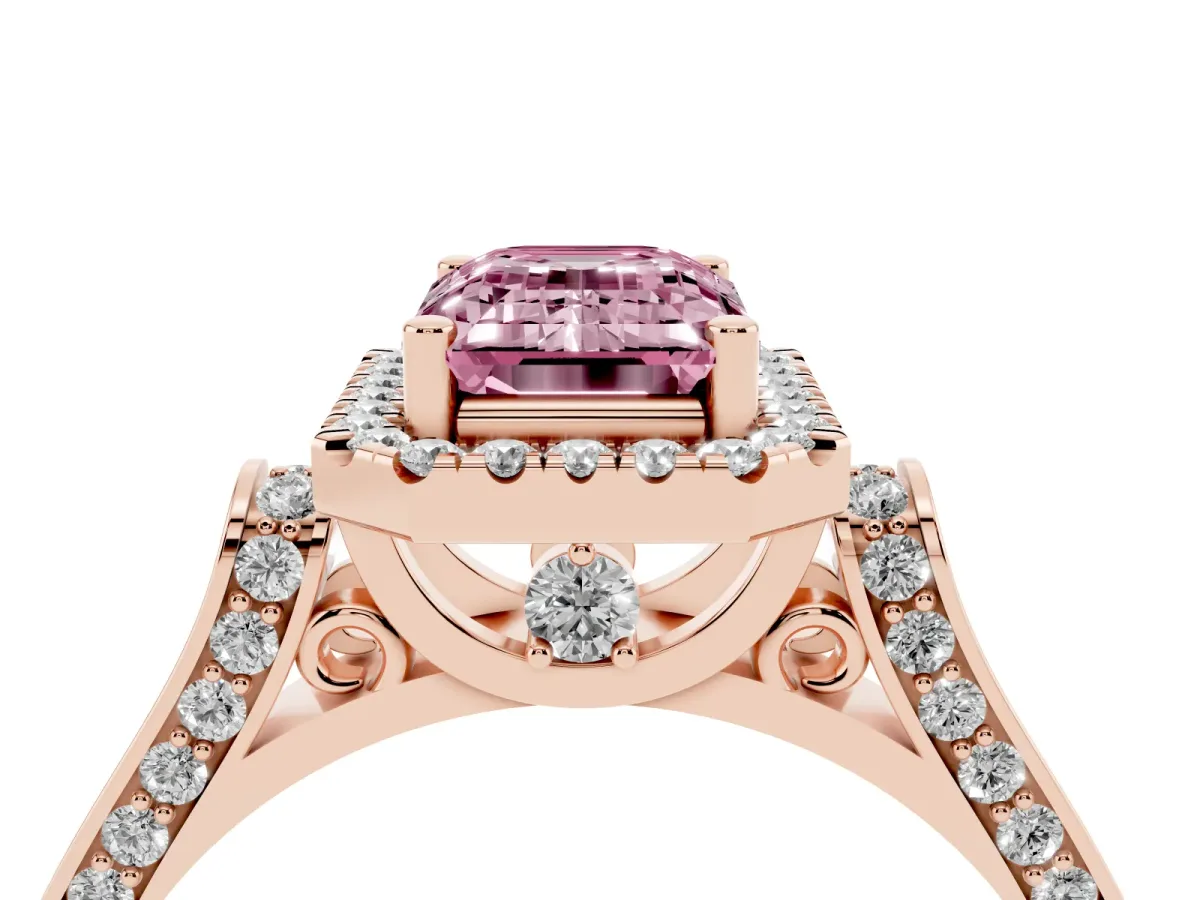Fancy Pink Emerald Cut Halo Pave Split Shank Prong Setting Ring Rose gold