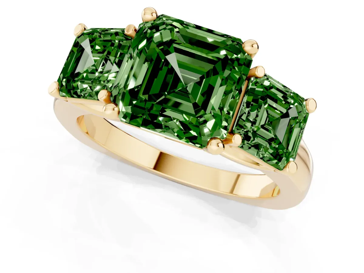 Fancy Green Three-Stone Asscher Cut Brilliant Diamond Trellis Ring with Comfort Fit Band Yellow gold