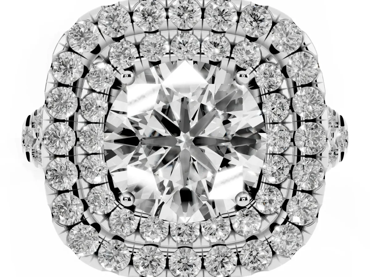 Double Halo Round Cut Diamond Pavé Split Shank Ring with Prong Setting Silver