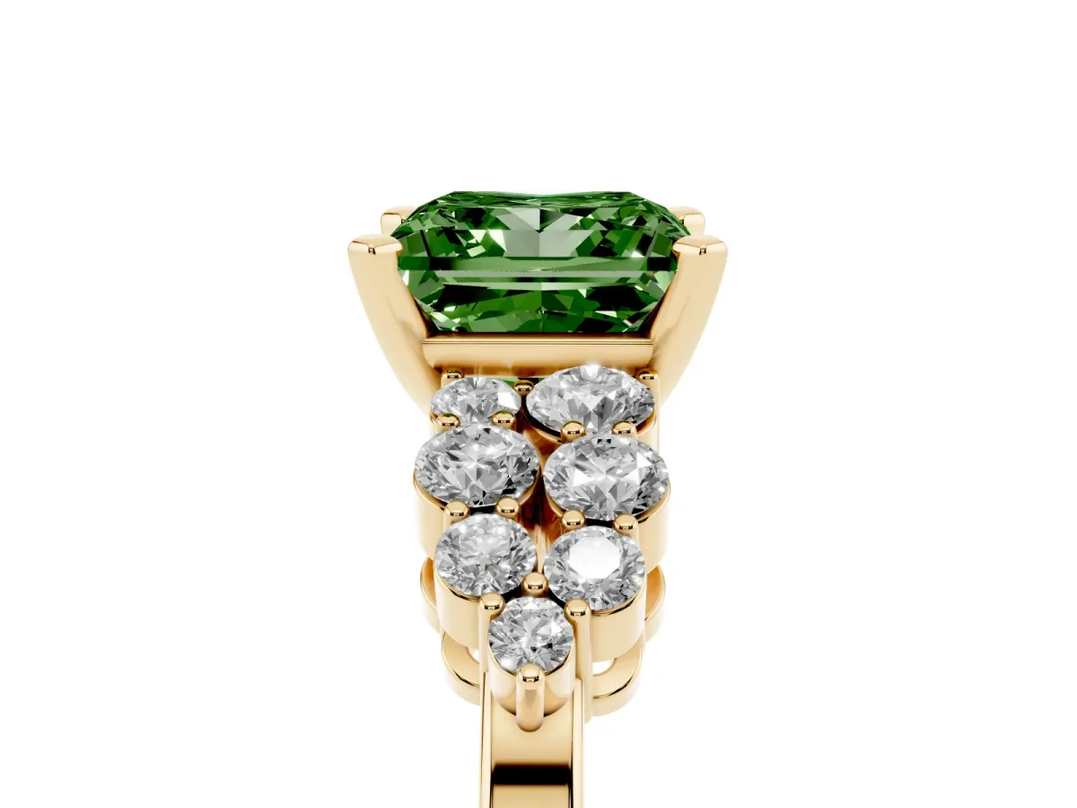 Fancy Green Princess Cut Cluster Diamond Engagement Ring with Pavé Band and Four-Prong Setting Yellow gold
