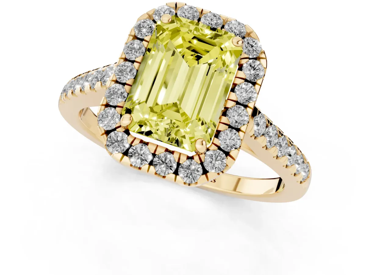 Fancy Yellow Emerald Cut Halo Pave Diamond Engagement Ring with Four-Prong Setting Yellow gold