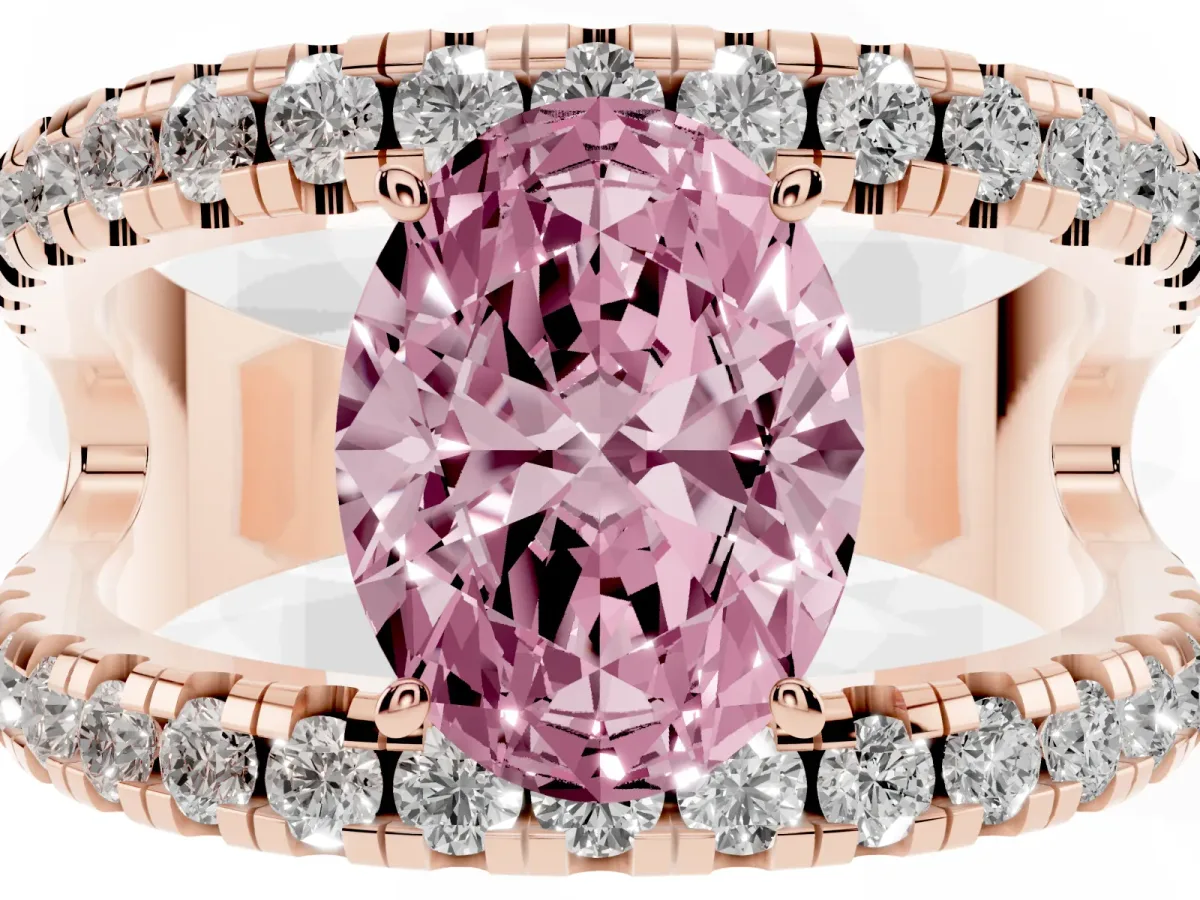 Fancy Pink Oval Cut Solitaire Split Shank Pave Diamond Ring Rose gold