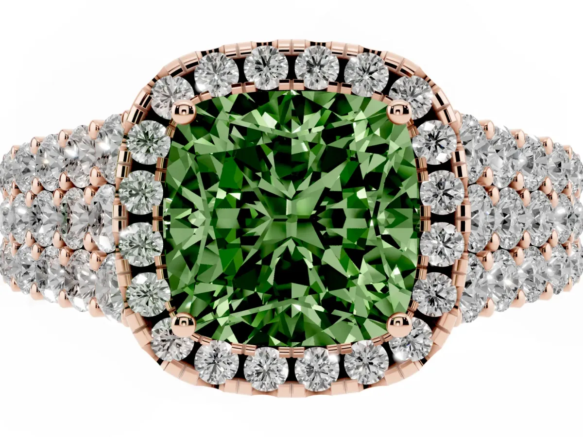 Fancy Green Cushion Cut Diamond Halo Engagement Ring with Triple Row Round Pavé Band and Prong Setting Rose gold