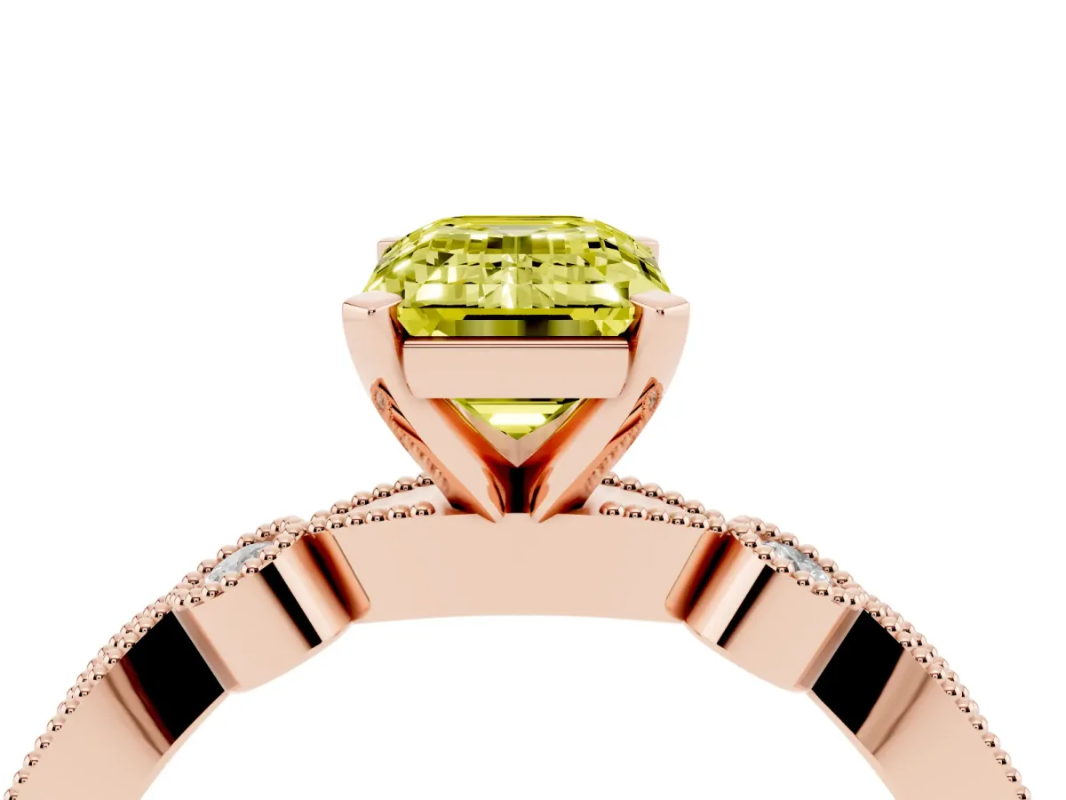 Fancy Yellow Emerald Cut Milgrain Bezel Diamond Engagement Ring with Solitaire Prong Setting Rose gold