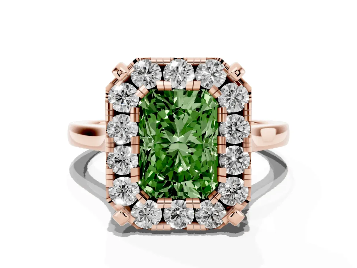 Fancy Green Radiant Cut Diamond Cluster Halo Solitaire with Four-Prong Setting Rose gold