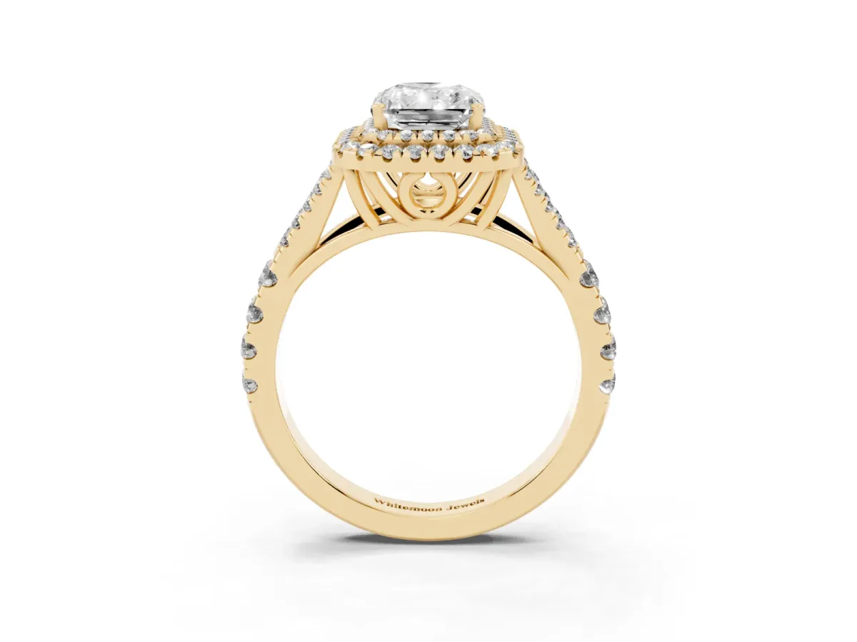Radiant Cut Diamond Double Halo Ring with Split Shank and Prong Setting Yellow gold