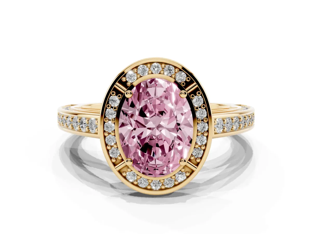 Fancy Pink Oval Cut Cut Halo Pave Split Shank Prong Setting Ring Yellow gold