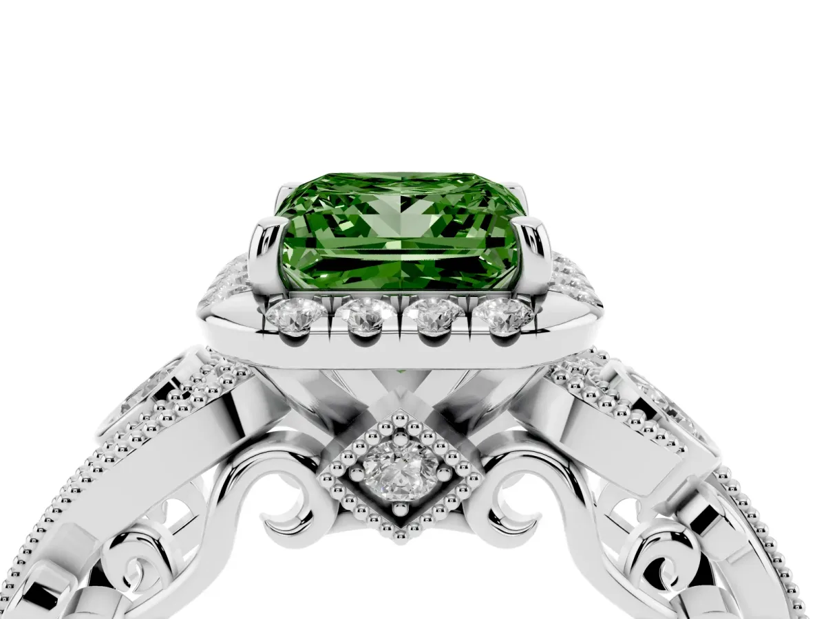 Fancy Green Princess Cut Diamond Halo Ring with Milgrain Pavé Band and Four-Prong Setting Silver